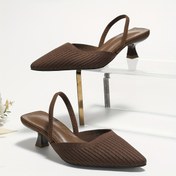 Resim Kadınların Düz Renk Örgü Terlikleri, Flared Topuklu Rahat Slingback Ayakkabılar, Trendy Nokta Toe Comfy Ayakkabılar 