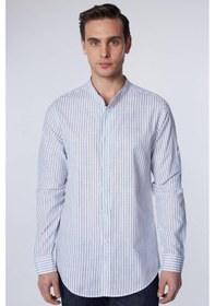 Resim Tudors Slim Fit Uzun Kollu Dar Kalıp Hakim Yaka Çizgili Yazlık Keten Doku Erkek Gömlek-30953-çok Renkli Çok Renkli 