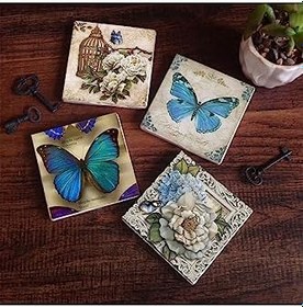 Resim Kelebek Taş Bardak Altlığı Seti - 4 Parça - Dekoratif, Rustik Mutfak Aksesuarı, 10x10 cm, Kaydırmaz Tabanlı, Şık ve Dayanıklı SC454 