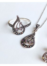 Resim Ümüş Markazit Taşlı Otantik Lale Tasarım Kadın Set Kolye Küpe Yüz 