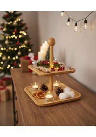 Resim 2 Katlı Kare Bambu Sunumluk Doğal Bambu Servis Standı, Kek & Pasta Sunum Tepsisi Açık Kahverengi 