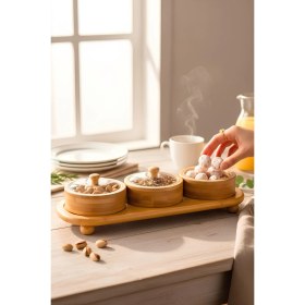 Resim Feyza Design Bambu Tepsili 3'lü Yuvarlak Çerezlik ve Kahvaltılık Seti 