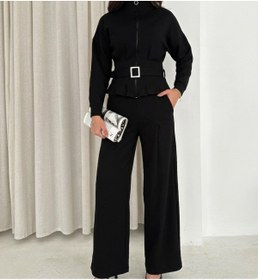 Resim MAİMODA Modal Kemerli Şık Fermuarlı Baggy Eşofman Takımı / Modal Belted Elegant Zippered Baggy Tracksuit Set 