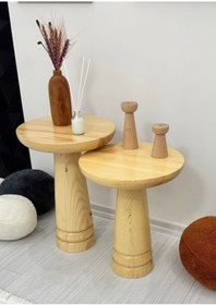 Resim AYLESA Doğal Ahşap 2’li Set Mantar Yan Sehpa Modern Naturel Fiskos Zigon Çiçeklik 