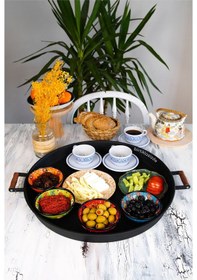 Resim 51 CM Siyah 37 CM Kırmızı 2 Li Metal Yuvarlak Tepsi Sunum Tep . 