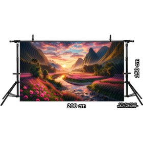Resim Venspor Güneş Batımı ve Çiçekli Vadi Manzarası Temalı Arkaplan 200x150cm Fon Duvar Örtüsü 