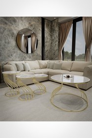 Resim Puklife 4 Lü Kuğu Zigon Ve Orta Sehpa Takımı Gold Ayak Beyaz Cam 
