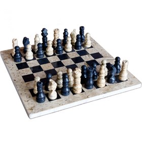 Resim Doğal Siyah Oniks ve Fosilli Taş Satranç Takımı - El Yapımı 38x38 cm Dekoratif Taş Satranç Seti (Kutu Dahil) 