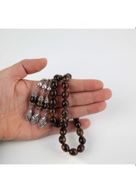 Resim Baltık Kaya 925ayar Gümüş Püskül Damla Beyzi Kesim 10x13mm Tesbih 51gr Kahverengi - Siyah 