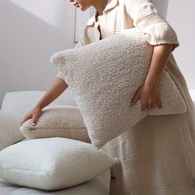 Resim 1 adet Çağdaş Beyaz Teddy Kadife Yastık Kılıfı, Yumuşak Cilt Dostu Düz Desen, Fermuar Kapatma, Yalnızca El Yıkama, %100 Dokuma Polyester, Salon Yatak Odası Dekoru için 