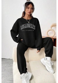 Resim Unisex Los Angles Baskılı Bisiklet Yaka Eşofman Takımı Siyah 