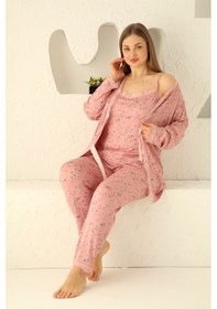 Resim Nisanca Sabahlıklıklı 3 Parça Çeyizlik Kutulu Kadın Pijama Takımı- Dantelli Kutulu Kadın Pijama- Geniş Beden Aralığı Pembe 
