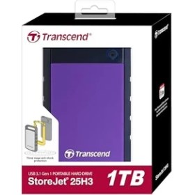 Resim Transcend TS1TSJ25H3P 1 Tb Taşınabilir Harici Sabit Sürücü (Hdd), Mor (Mor) Renkte, Yedekleme Işlevli (Tek Tuşla Veri Yedekleme) ve Koruyucu Kılıflı, Darbeye Dayanıklı, Sağlam, Tak ve Çalıştır 