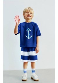 Resim Erkek Çocuk Pamuklu Kumaş Çapa Baskılı Pamuklu Tshirt Ve Çizgili Şort Alt Üst Takım Lacivert 