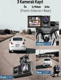 Resim Araç İçi Kamera 1080p 3 Kameralı Ips Ekran G Sensör Gece Görüş Ultra Geniş Açı Yol Kayıt Geri Görüş 