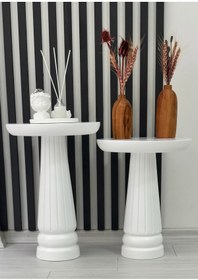 Resim AYLESA Doğal Ahşap 2’li Set Mantar Yan Sehpa Modern Beyaz Renk Fiskos Zigon Çiçeklik 