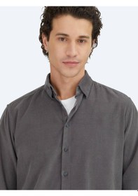 Resim Gri Çizgili Regular Fit Dokuma Kadife Casual %100 Pamuk Gömlek Gri 