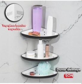 Resim Porsima 0447 3'lü İstiridye Banyo Köşe Rafı Yapışkanlı Raf Siyah 