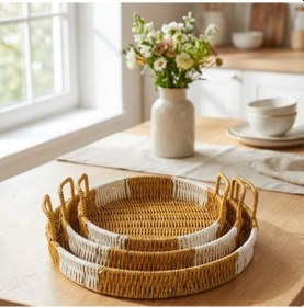 Resim By Nevser İç İçe Geçebilen 3 Lü Yuvarlak Plastik Rattan Tepsi Seti Çift Renkli Hasır Görünümlü Çok Amaçlı Servis Ve Sunum Tepsileri Diğer 