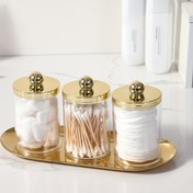 Resim 2 adet/3 adet Qtip Tutucu Banyo Seti ile Tepsili Akrilik Plastik Eczane Kavanozları Qtip Dağıtıcı Kavanoz Kapaklı Makyaj Tepsisi, Pamuklu Top, Pamuklu Çubuk, Kavanozlar için 