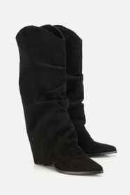 Resim Yaya by Hotiç Kadın Süet Siyah Dikiş Detaylı Western Kalın Topuklu Çizme 