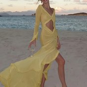 Resim Kadınlar İçin Şık Yazlık Plaj Elbisesi - Kalp Yaka & Zil Kollu ve Yarım Etek, Parti, Tatil, Sahil Etkinlikleri için Yarı Saydam Büzgülü Bodycon Uzun Elbise - Makinede Yıkanabilir Düz Renk, Tatil Kıyafeti 