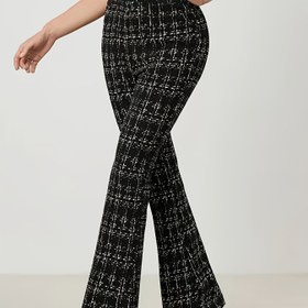 Resim Kadınlar İçin Şık Flare Pantolon - Resmi ve Günlük Siyah Beyaz Kareli Pantolon, Esnek Görünmez Kumaş, Ofis, Parti ve Her Mevsim Kullanımına Uygun, Makinede Yıkanabilir 