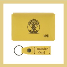 Resim Miaju Sarı Renk, Hayat Ağacı Temalı, İsme Özel Cüzdan Ve Anahtarlık Takım, Ekip Arkadaşına Hediye Sarı 