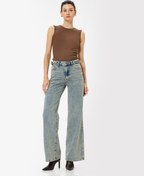 Resim Standart Bel Geniş Paça Kot Pantolon Düğmeli Cepli Pamuklu - Wide Leg Jeans 