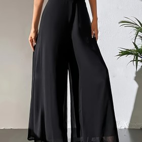 Resim Kadınlar için Şık Yüksek Bel Siyah Geniş Paça Pantolon - Hafif Polyester, İlkbahar/Yaz Modası, Bol Kesim, Makinede Yıkanabilir, Düz Renk, Uzun Boy, Rahat ve Şık 