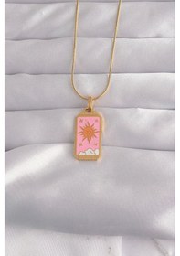 Resim 316l Çelik Gold Renk Pembe Mineli Güneş Model Tarot Kolye Çok Renkli 