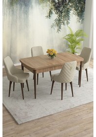 Resim Meri Serisi 80x132 Açılabilir Mdf Meşe Masa Takımı 4 Lacivert Sandalye Kahve Ayak Krem 