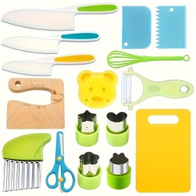Resim 4'lü/16'lı Pişirme ve Fırınlama Alet Seti, Mutfak Pişirme Araçları, Güvenli Plastik Mutfak Eşyaları İçeren Bıçaklar, Kesme Tahtaları, Makaslar, Kurabiye Kalıpları vb., Eğitici Oyun Mutfak Aksesuarları 