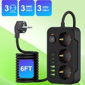 Resim Yeni çok fonksiyonlu priz/çok portlu şarj cihazı, 1 adet (3 AC + 3 USB-A + 3 Type-C), ana anahtarlı, ev ve ofis için tasarlanmış, 2 metre uzunluğunda güç uzatma kablosu ile 