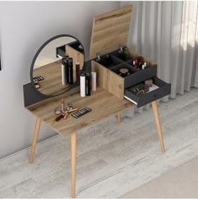Resim Angel Aynalı, Çekmeceli Makyaj Masası Antrasit, Ahşap Ayak 