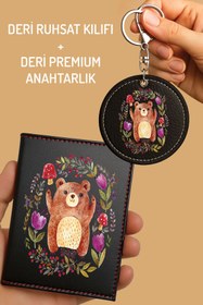 Resim Cekuonline Çift Kancalı Suni Deri Anahtarlık + Kart Kimlik Bölmeli Siyah Ruhsat Kabı Kılıfı Boz Ayı 