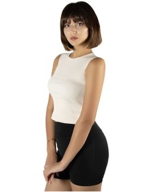 Resim Krem Fitted/vücuda Oturan Crop Halter Yaka Fitilli Esnek Örme Bluz Atlet Krem 