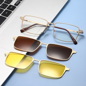 Resim Erin Unisex Dikdörtgen Manyetik Moda Gözlükleri 3 Değiştirilebilir Lens ile - Şeffaf/Kahverengi/Sarı Işık, Metal Çerçeve, Gözlük Kılıfı ve Saklama Kesesi Dahil - Mükemmel Noel & Yeni Yıl Hediyesi, Ofis Kullanımı İçin Dayanıklı Şık Gözlükler 