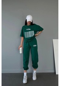 Resim Couture Club T-shirt Eşofman Altı Jogger- Yeşil Baskılı Alt Üst Eşofman Takım Oversize Bisiklet Yak Yeşil 