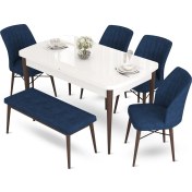Resim Canisa Concept Aya Serisi, 80X132 Beyaz Masa Ceviz Ayak Mutfak Masa Takımı, 4 Sandalye 1 Bench 