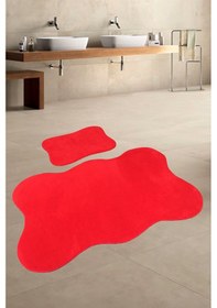 Resim Anatolia 2'li Kırmızı 80x140 + 50x70 Cm Büyük Ebat Banyo Paspası Seti Kaymaz Tabanlı Klozet Takımı Kırmızı 