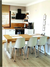 Resim Doğal Ahşap Yemek Masası 10 Kişilik 80-220-76 Cm Beyaz Metal Ayak 