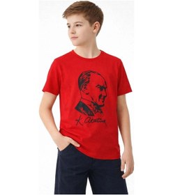 Resim Barlashive Erkek Çocuk Atatürk Baskılı Tişört Kısa Kollu Bisiklet Yaka T-shirt - Kırmızı Çok Renkli 