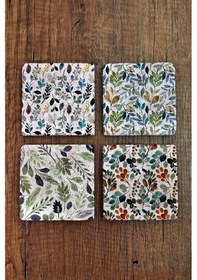 Resim Doğal Taş Bardak Altlığı 4'lü Set - 10x10cm Yeşil Bitkiler Baskılı Bardak Altlığı - Stone Coasters Çok Renkli 