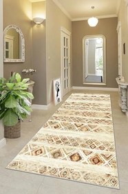 Resim Pelangi Geometrik Karo Desenli Dijital Baskı Yıkanabilir Kaymaz Taban Etnik Kilim Desen Salon Halısı (Krem), Krem 80 x 250, 955577711802507 