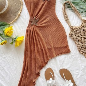 Resim Kadınlar İçin Şık Asimetrik Vücuda Oturan Elbise - Yıldız Süslemeli Esnek Polyester-Spandeks Karışımı, Yüksek Esneklikli Yazlık Elbise, Makinede Yıkanabilir Düz Renk Günlük ve Akşam Kıyafeti 
