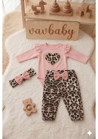 Resim Kız Bebek Leopar Desenli Çıtçıt Zıbın Model Kalp Figürlü Bandanalı 3 Lü Takımı Pembe 