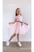 Resim Şirin Şeyler Butiği Linda Kısa Kol Kız Çocuk Prenses Kabarık Toz Pembe Elbise Puantiyeli Esnek Likralı Tütülü Elbise 