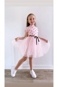 Resim Şirin Şeyler Butiği Linda Kısa Kol Kız Çocuk Prenses Kabarık Toz Pembe Elbise Puantiyeli Esnek Likralı Tütülü Elbise 