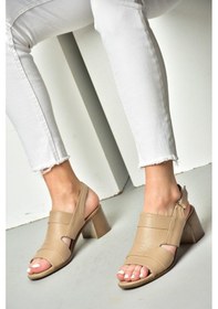 Resim Fox Shoes P555452303 Vizon Hakiki Deri Kalın Topuklu Kadın Sandalet Vizon 